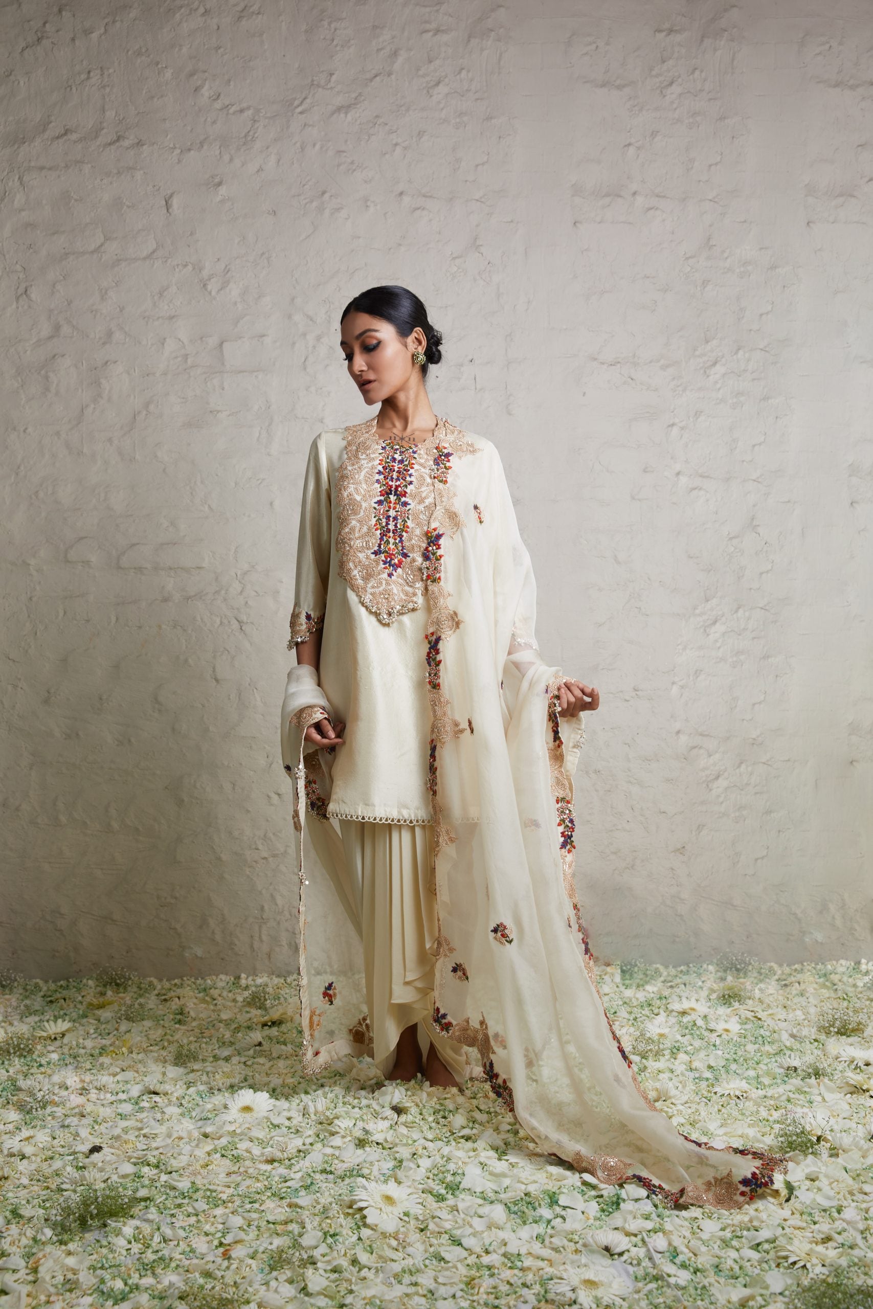 Silk kurta with organza dhoti and organza dupatta