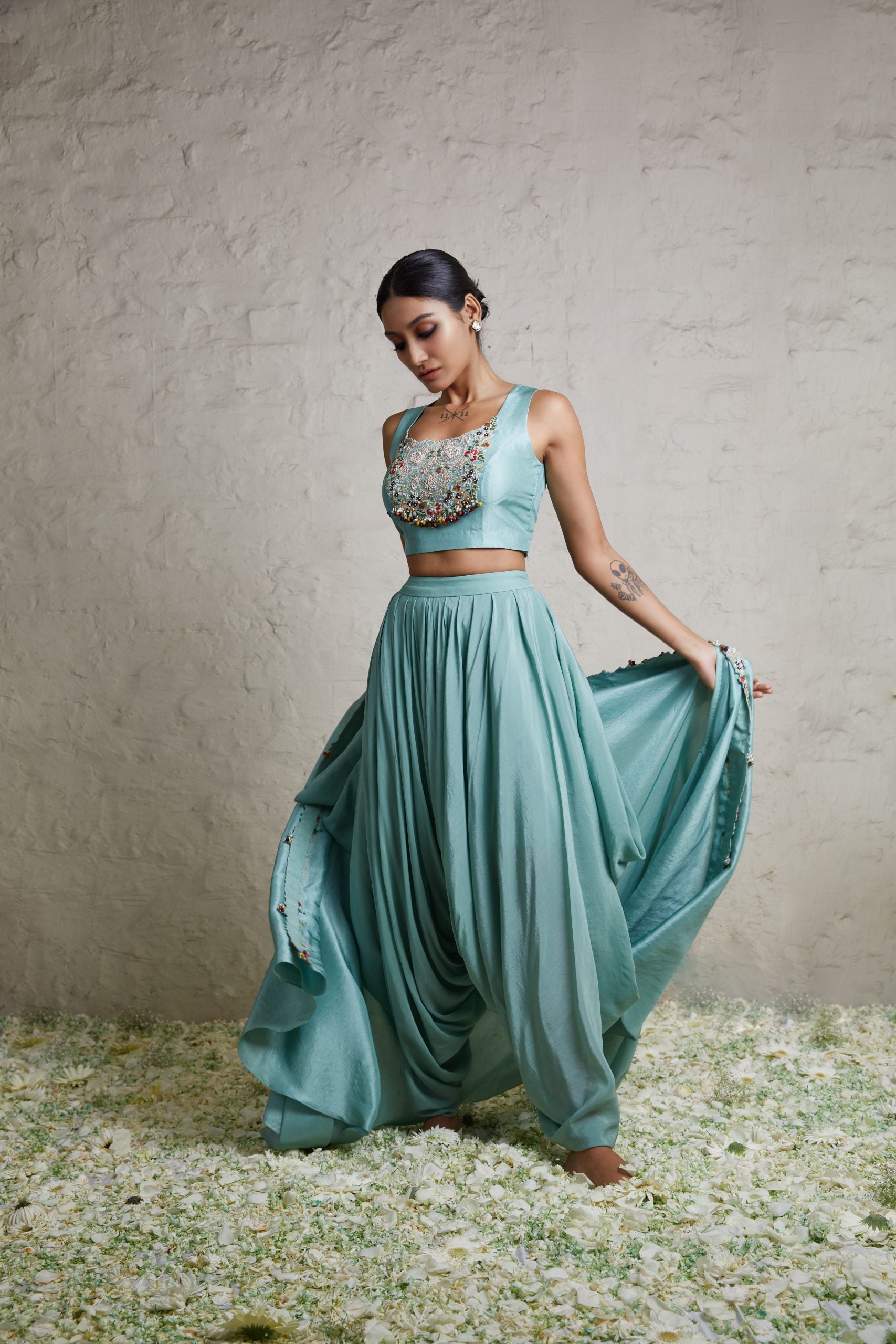 Silk blouse with silk jacket and crepe dhoti