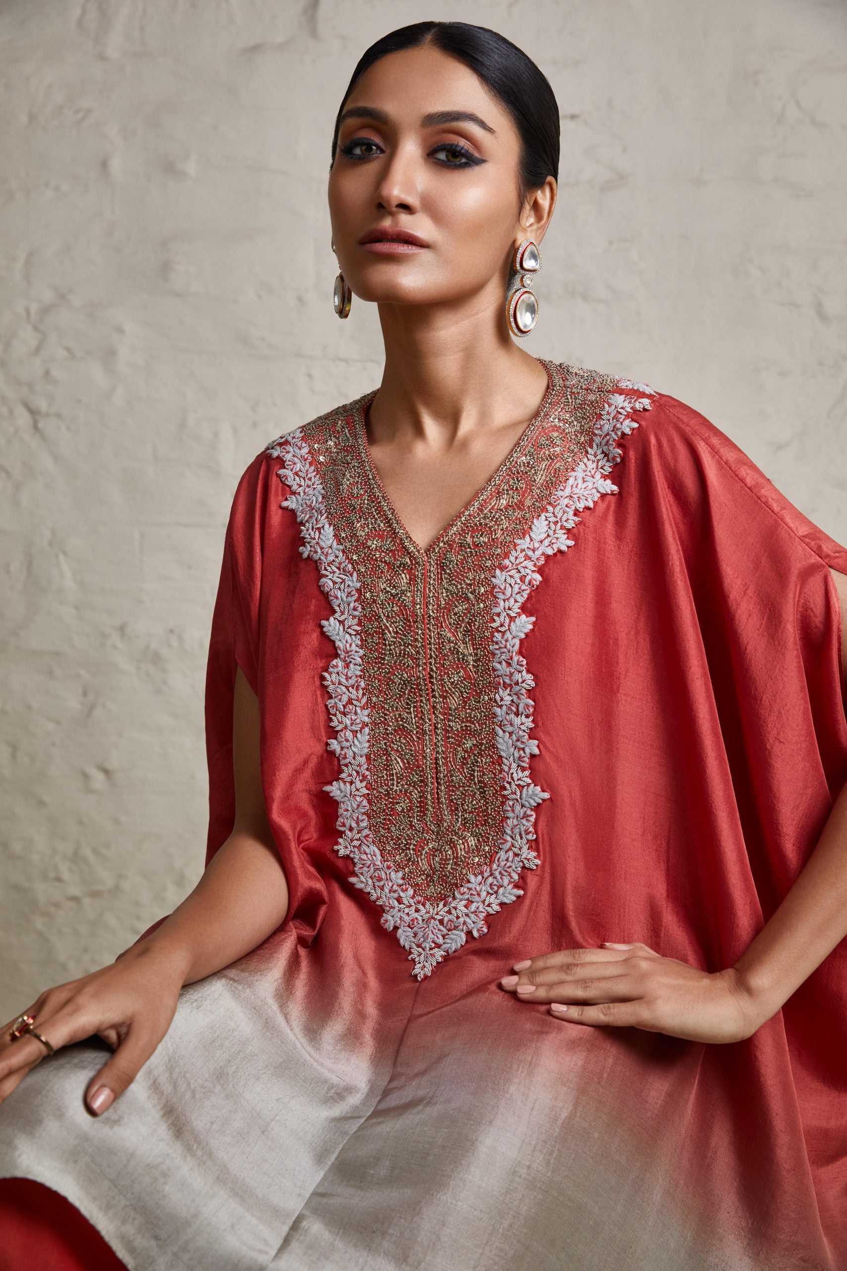 Silk ombre kaftaan with cotton satan asyemmetric pant