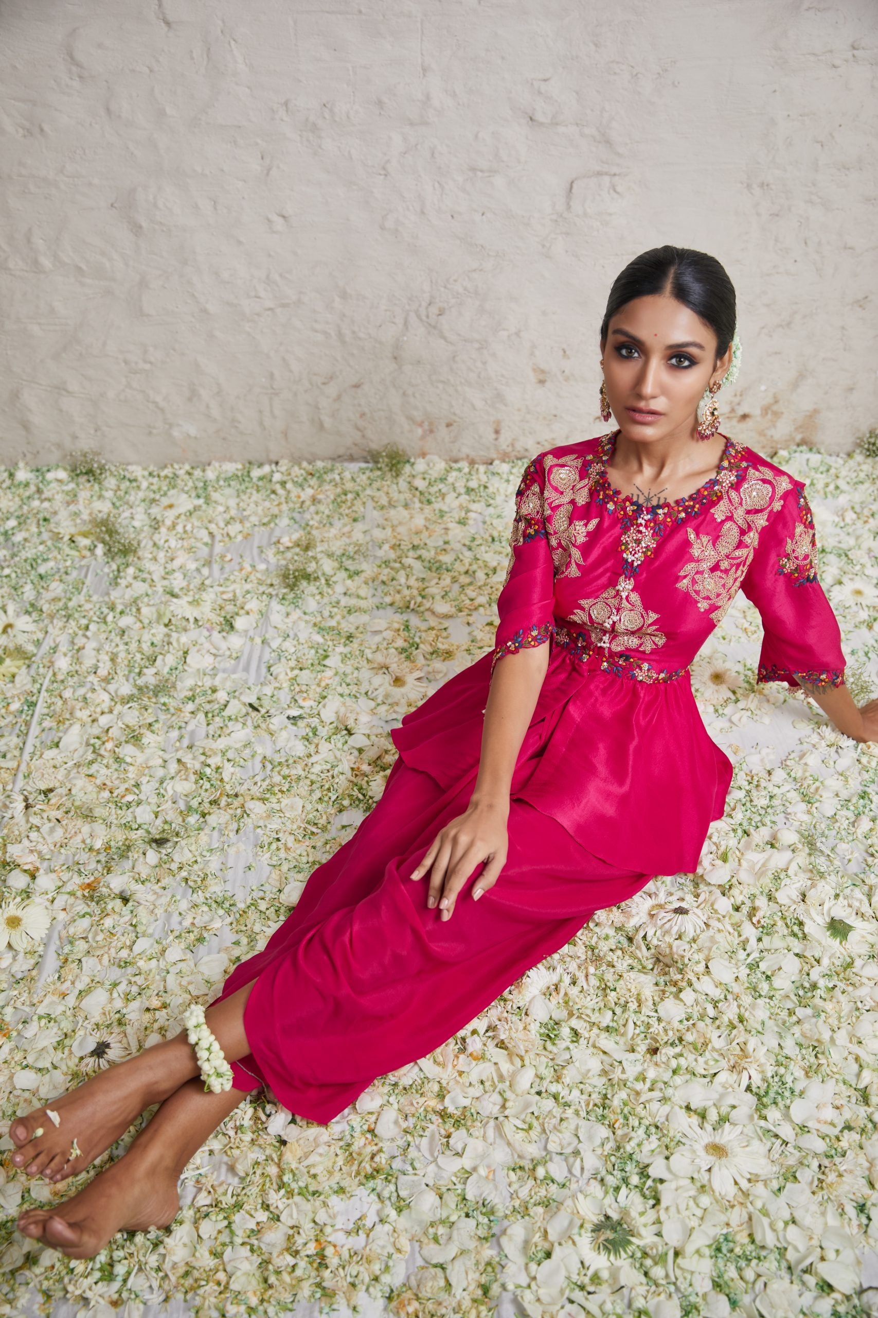 Silk peplum top with crepe dhoti