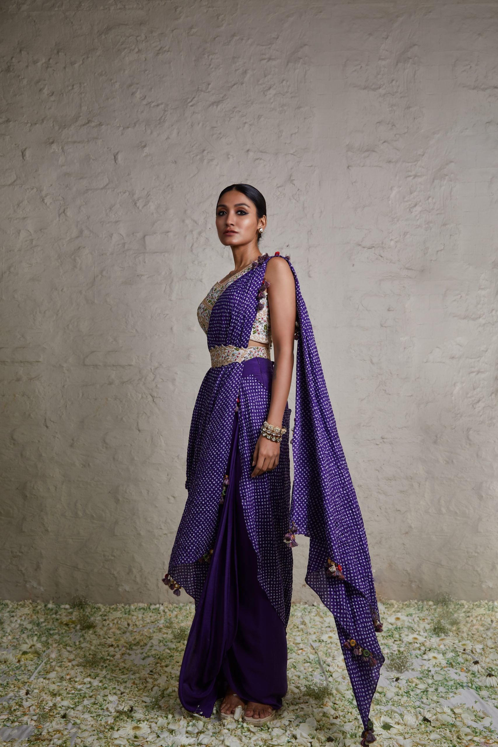 Silk blouse with bandhej skirt and drape