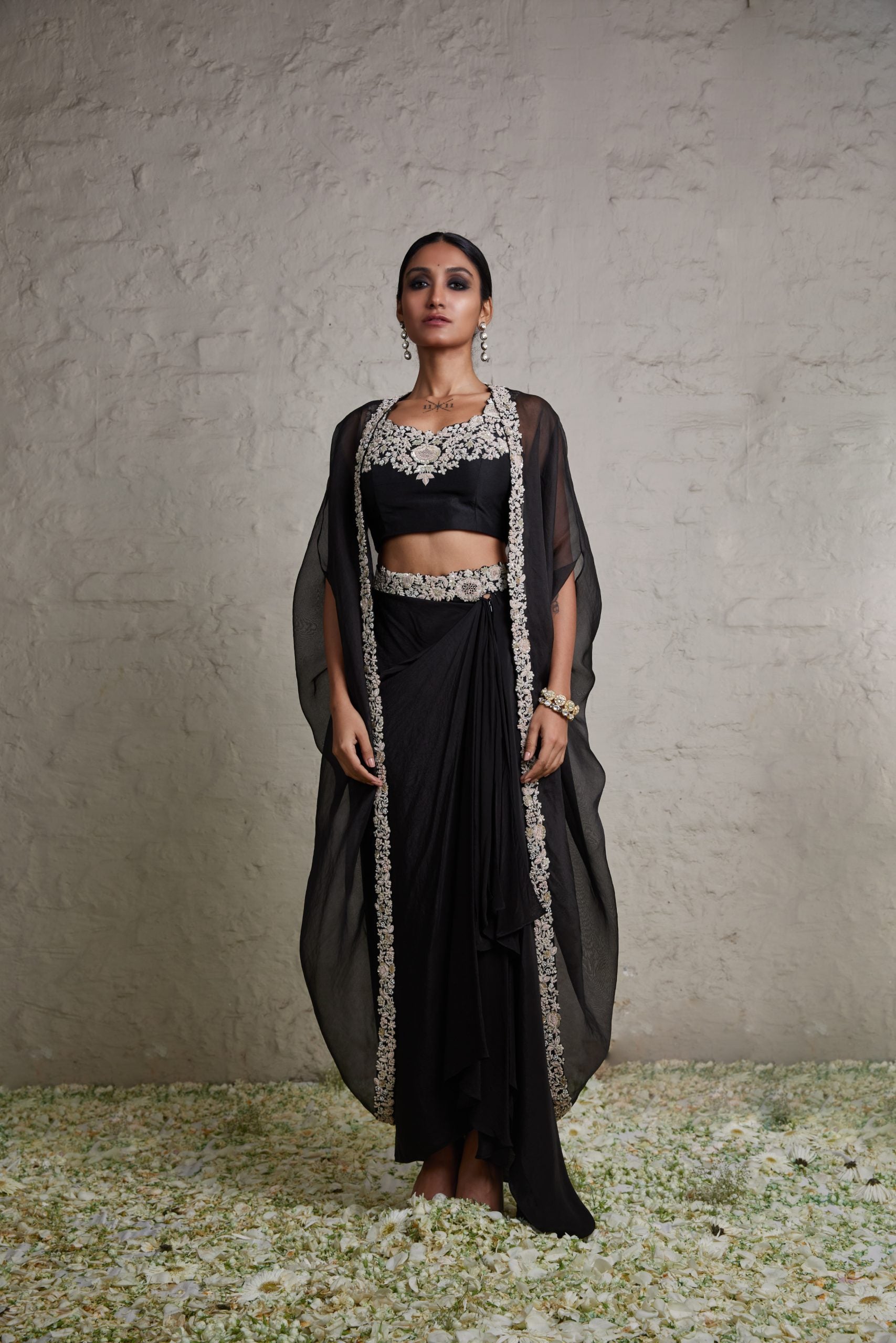 Silk blouse with organza cape and crepe skirt