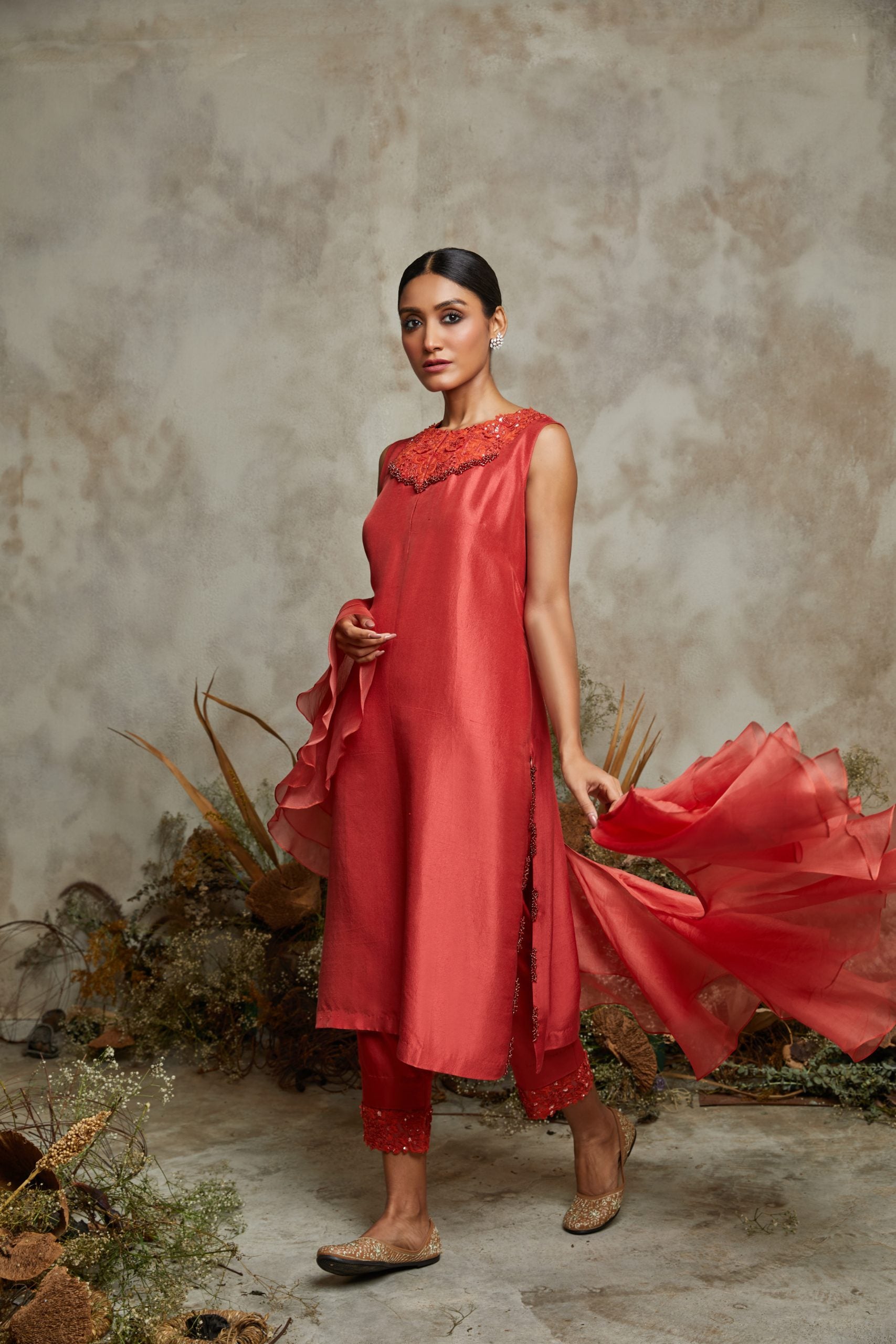 Silk kurta with cotton satin pants and organza ruffle dupatta