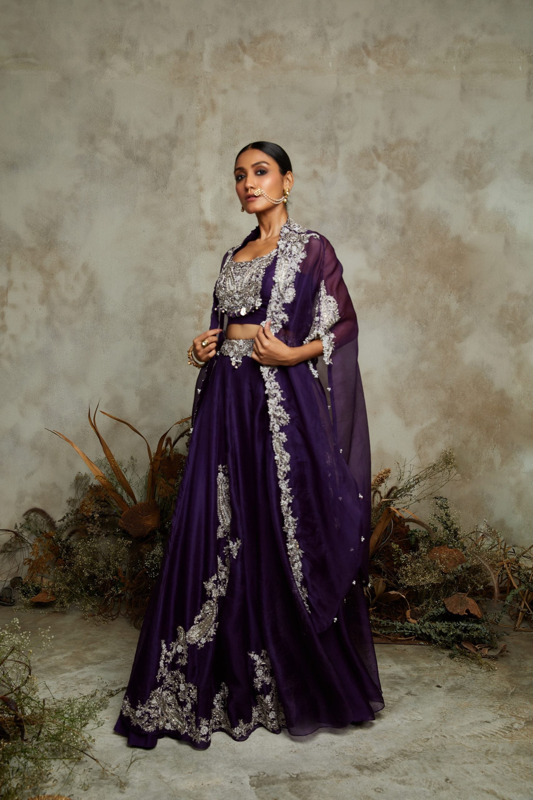 Silk blouse with organza skirt and cape