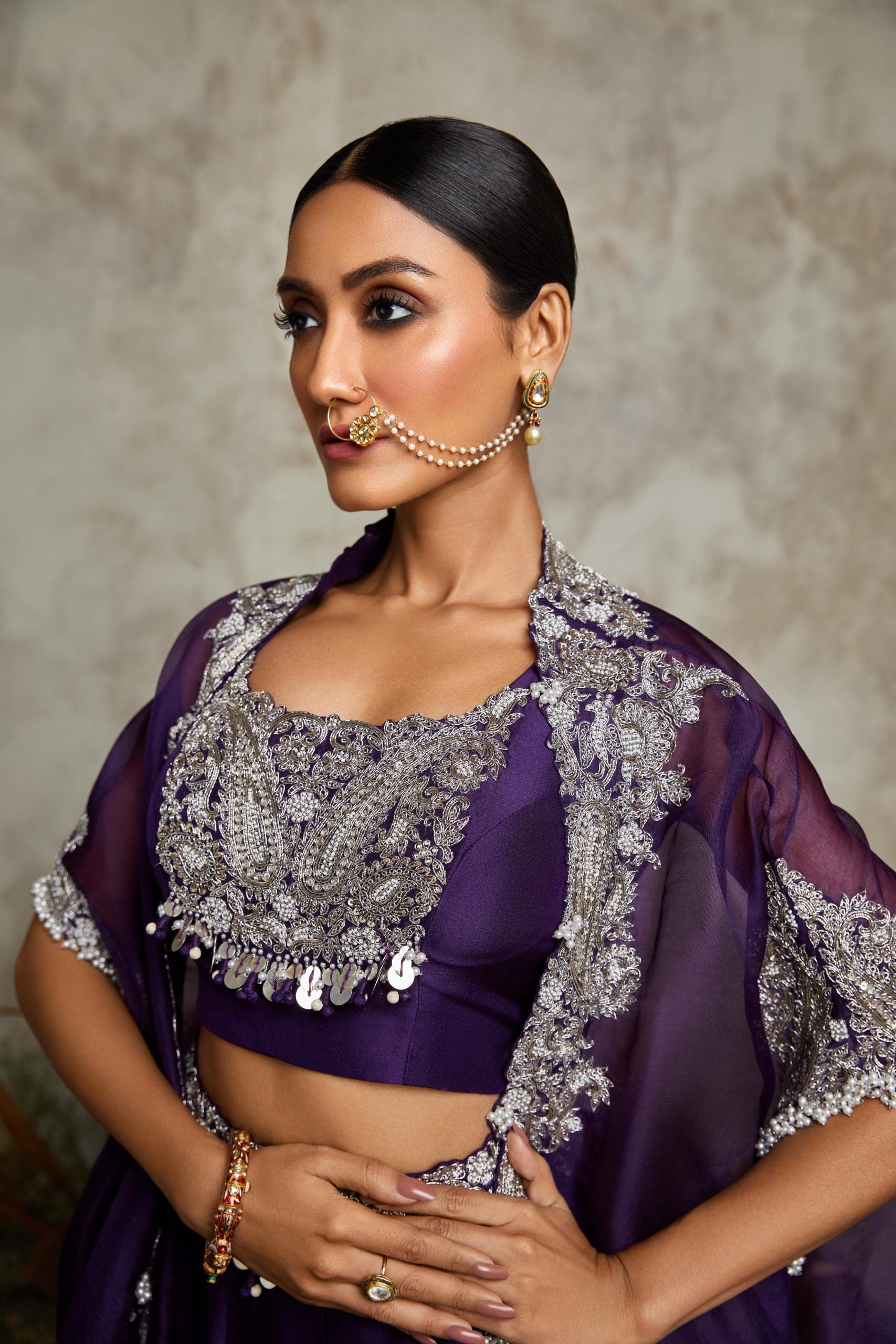Silk blouse with organza skirt and cape
