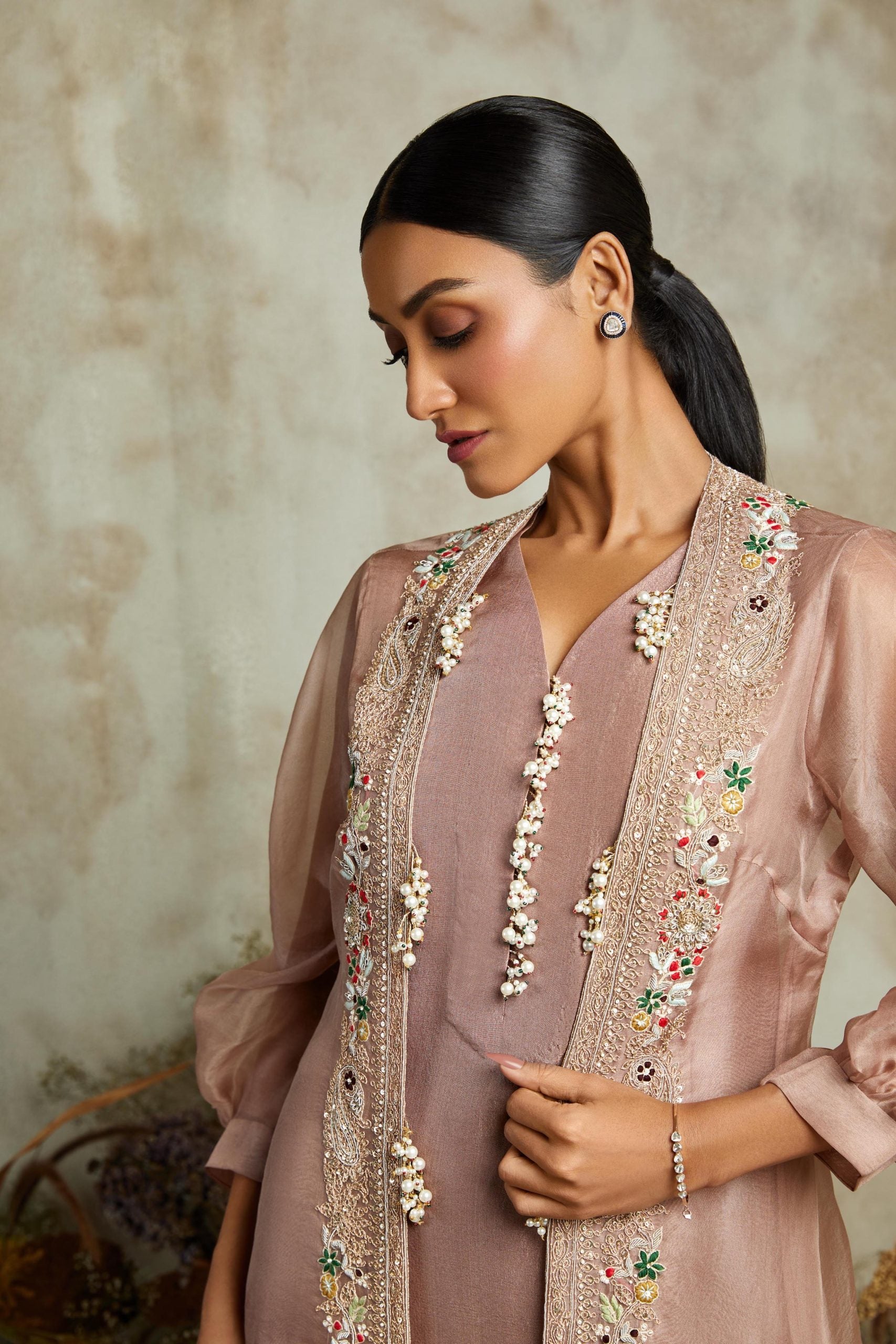 Silk kurta with organza jacket and cotton pants