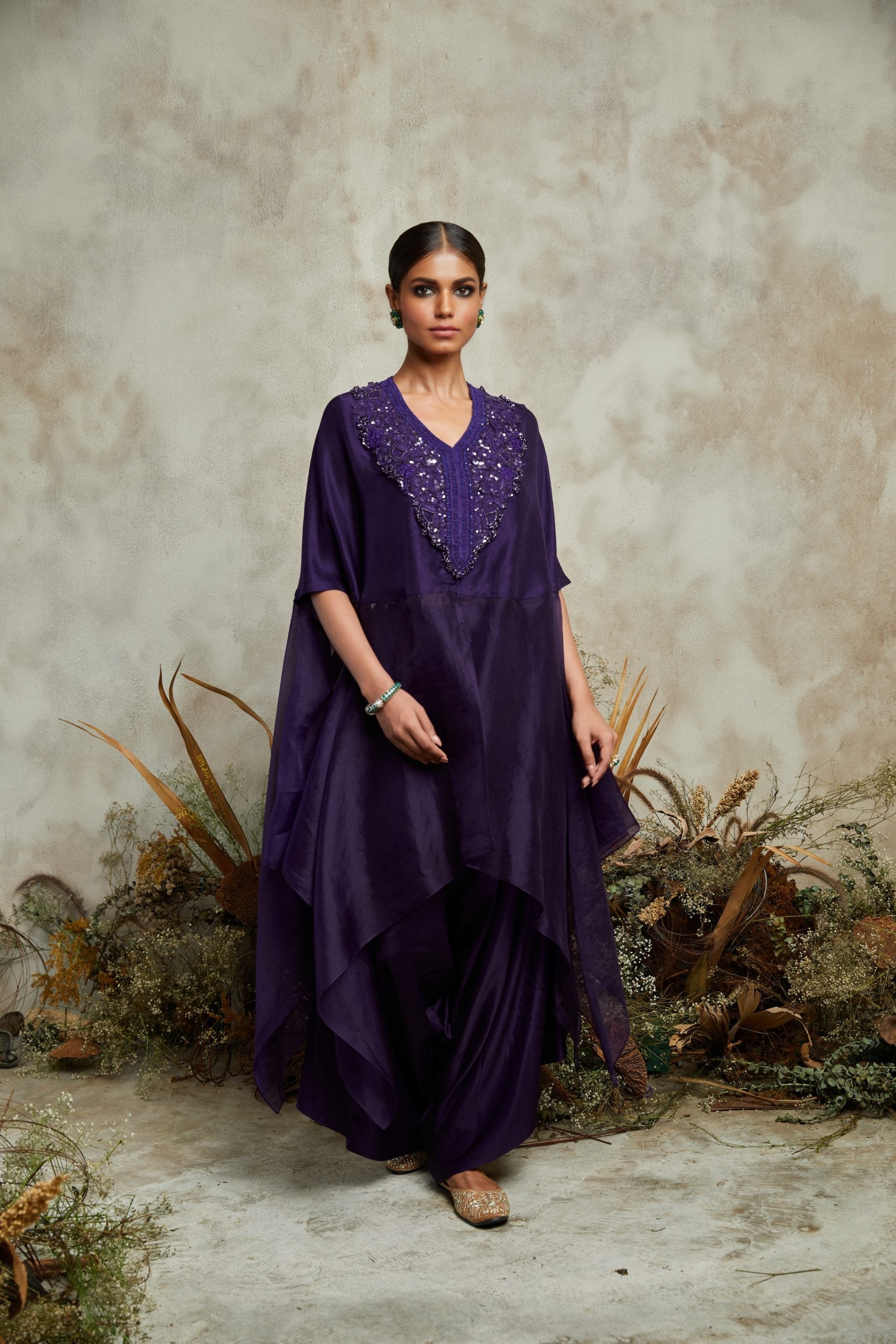 Silk and organza kaftaan with silk bustier and cotton satin pants