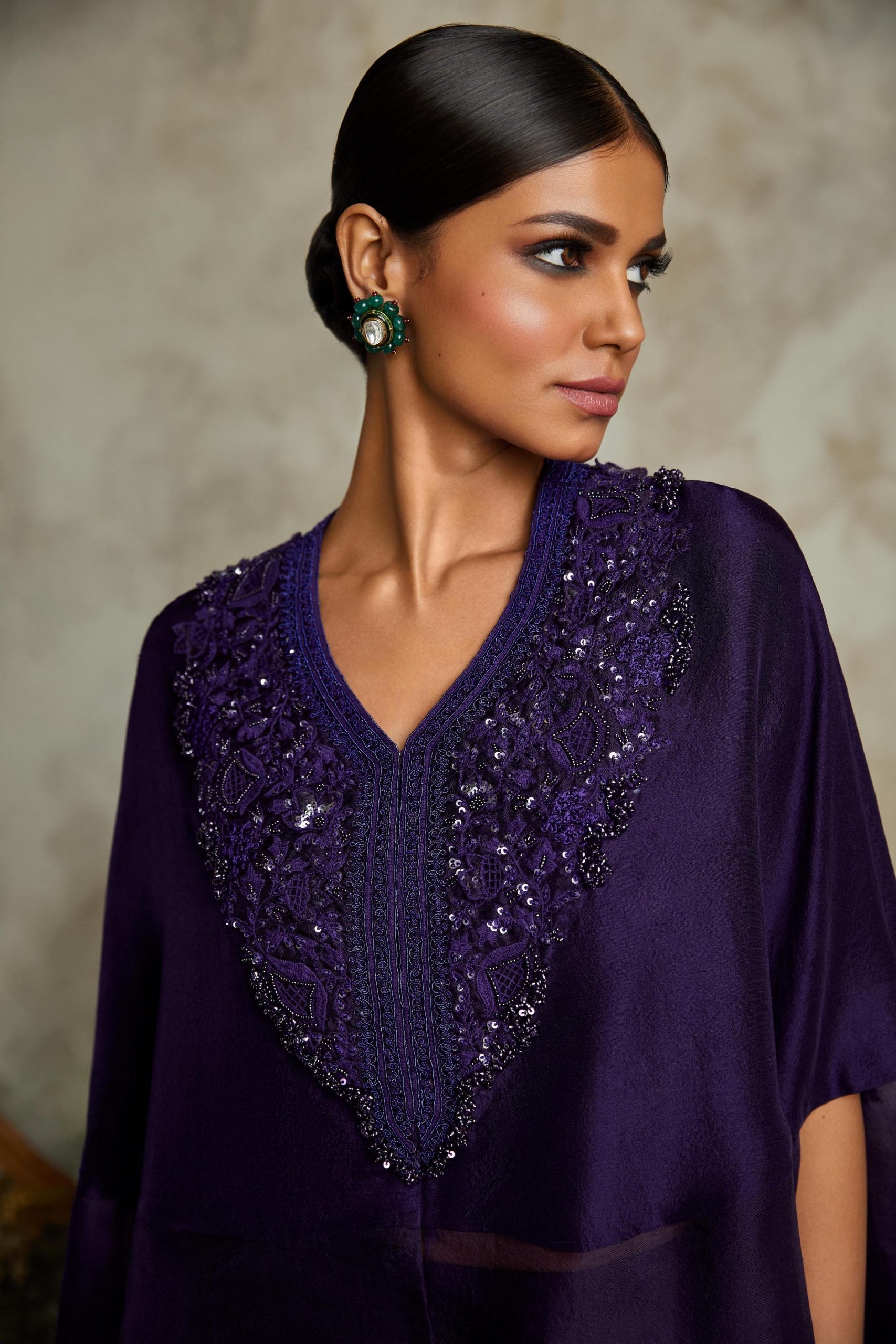Silk and organza kaftaan with silk bustier and cotton satin pants