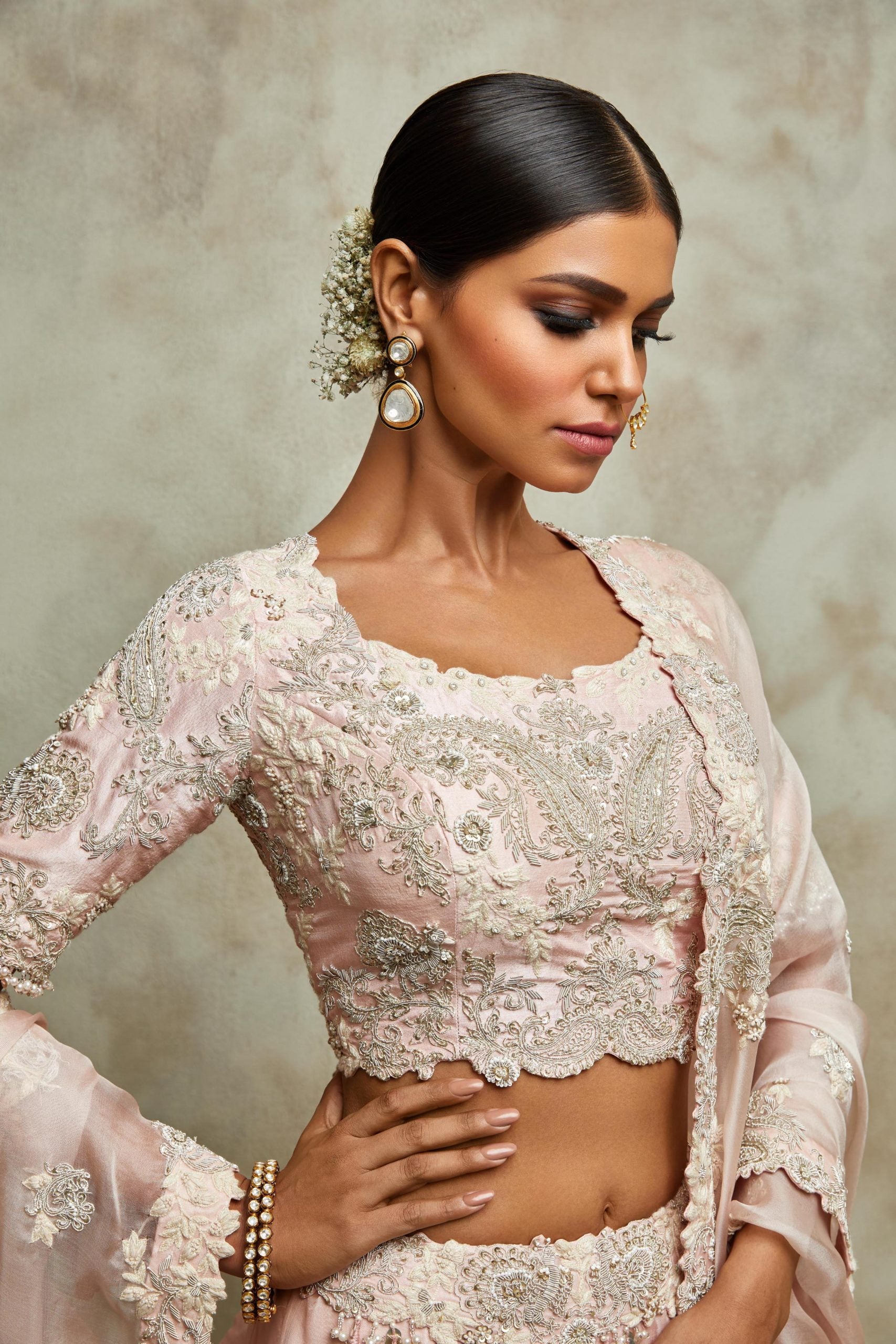 Silk blouse with organza lehenga and dupatta