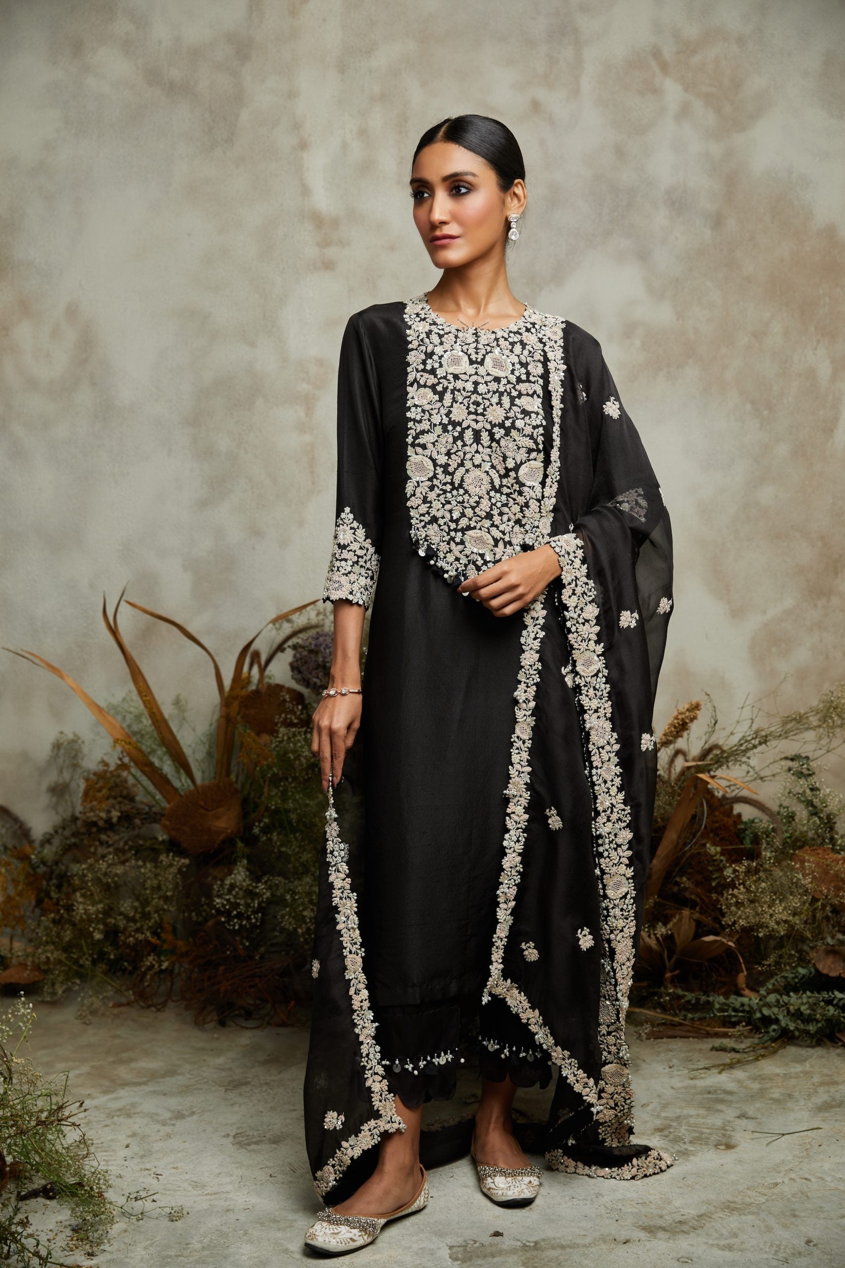 Silk kurta with organza dupatta and cotton satin pants