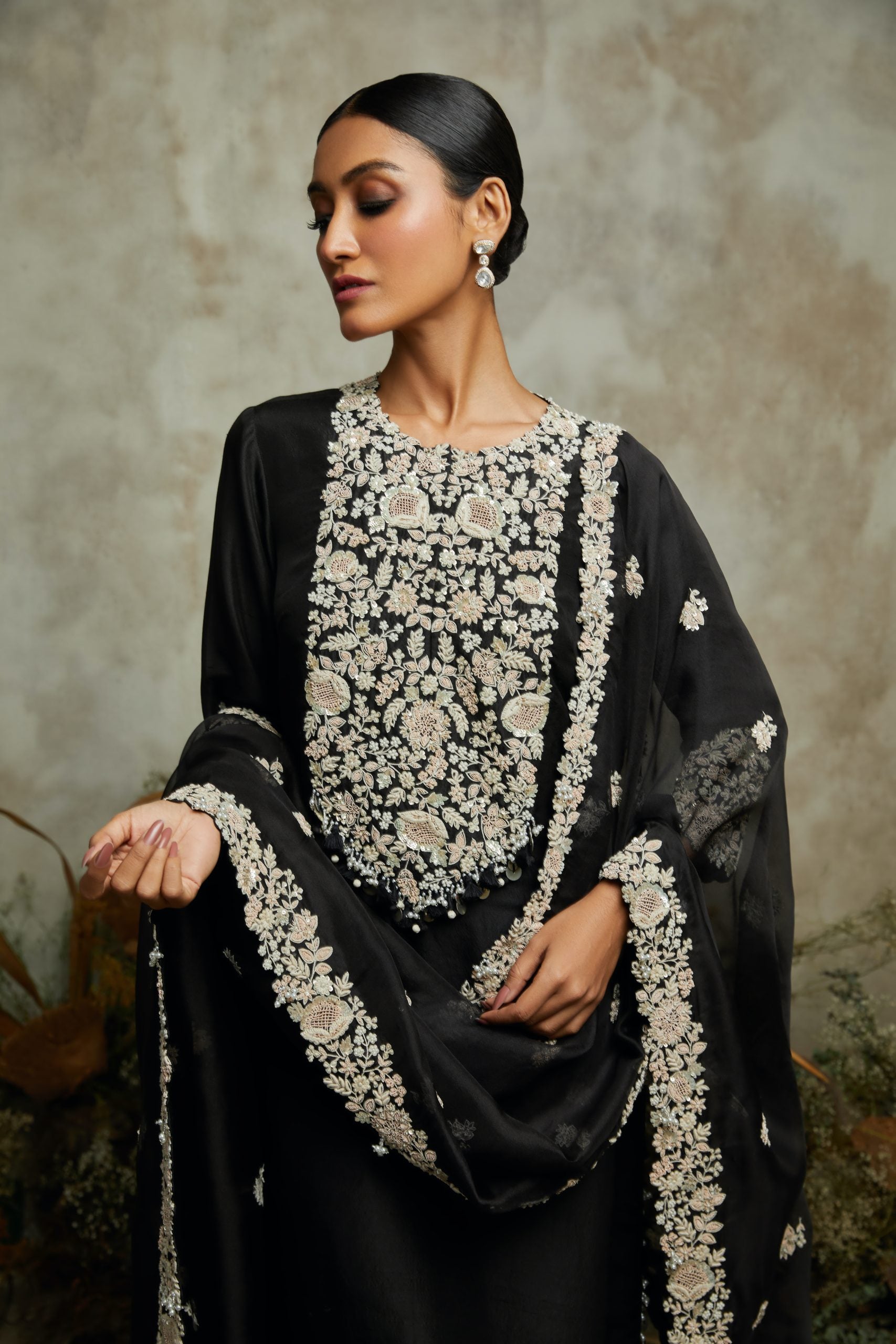 Silk kurta with organza dupatta and cotton satin pants