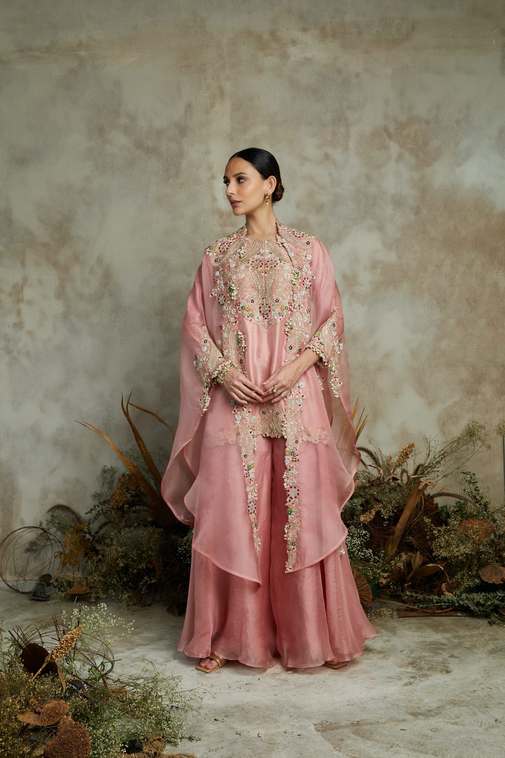 Silk kurta with organza cape and sharara