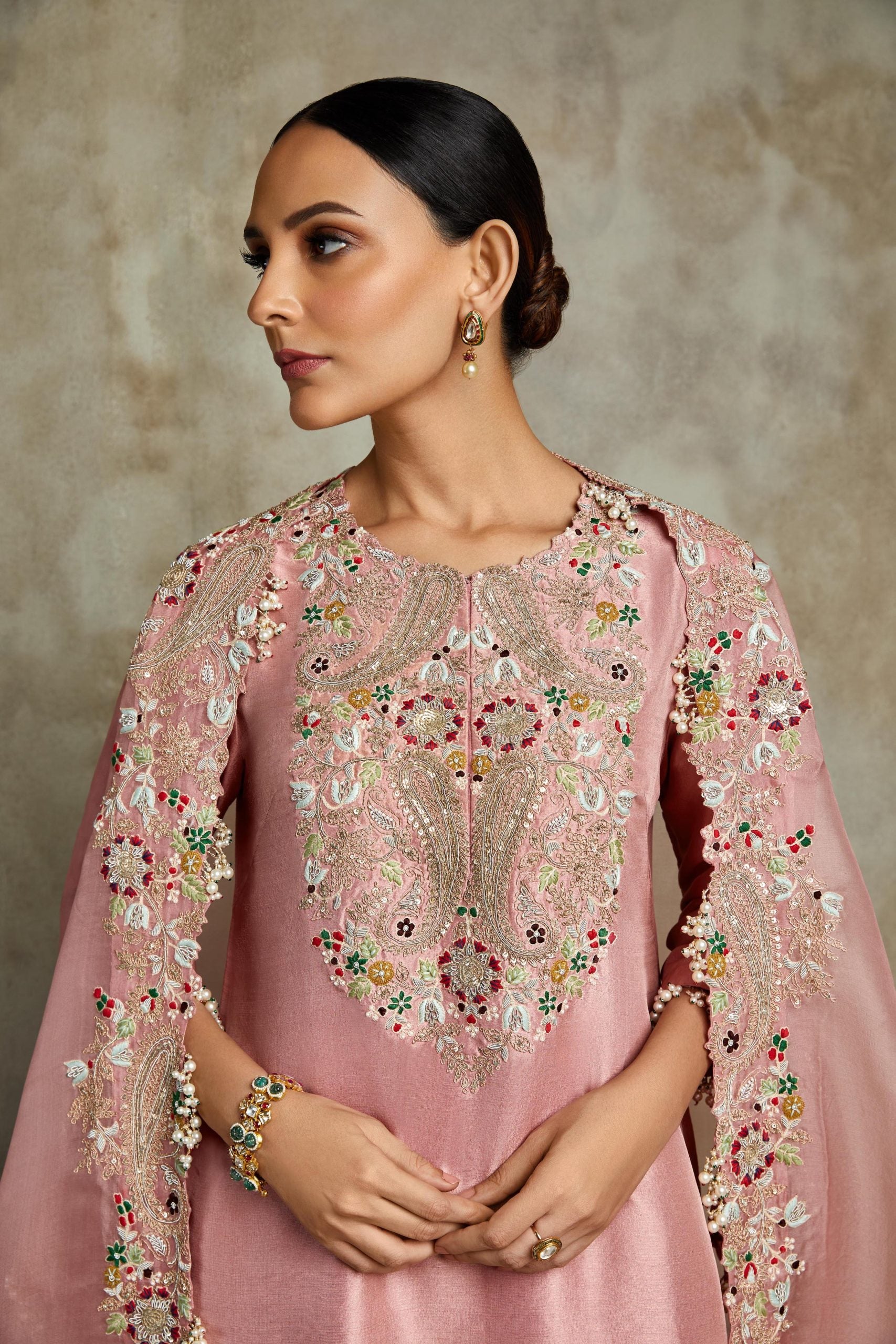 Silk kurta with organza cape and sharara
