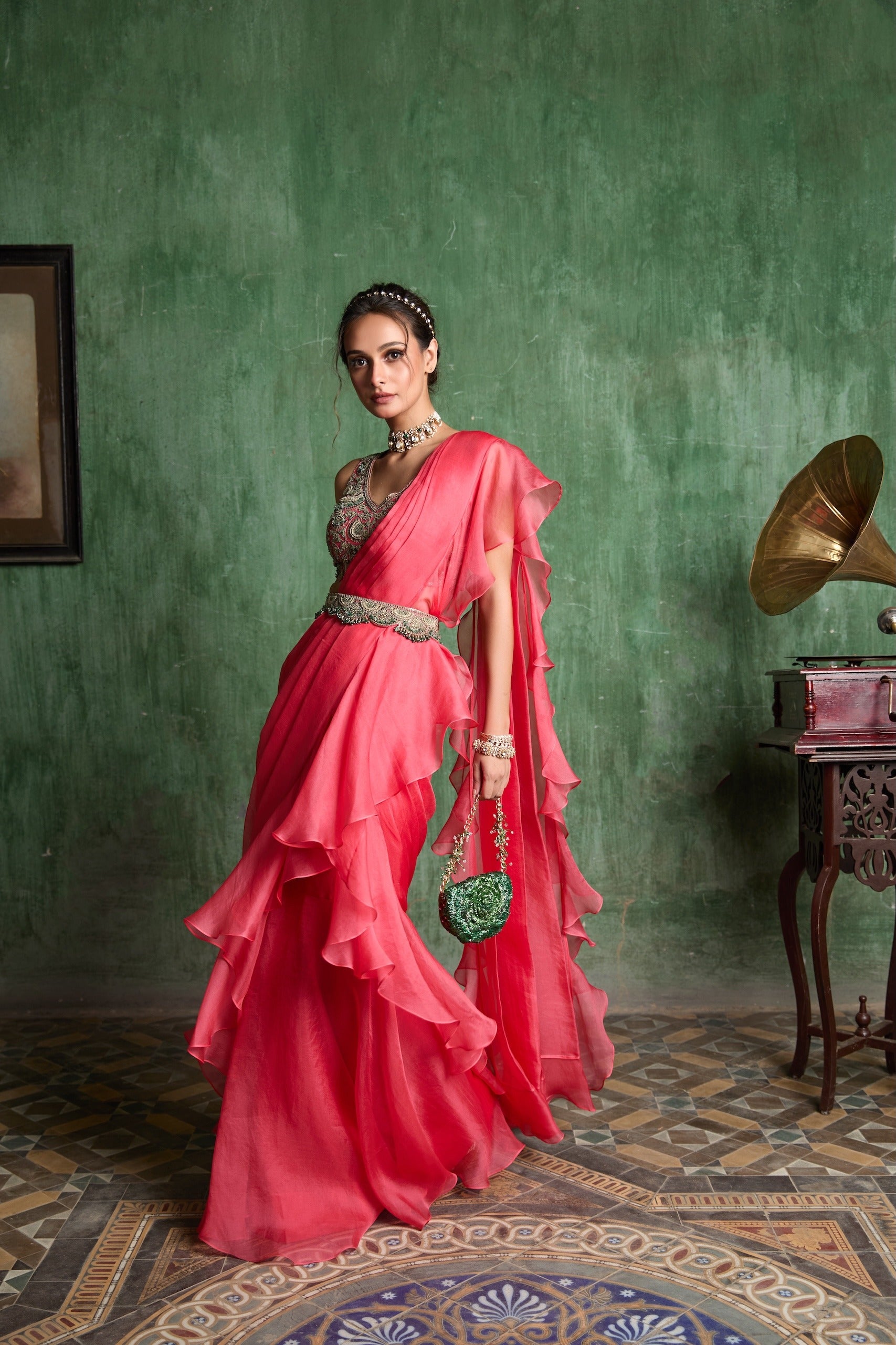 AM Green Thread Drape Saree