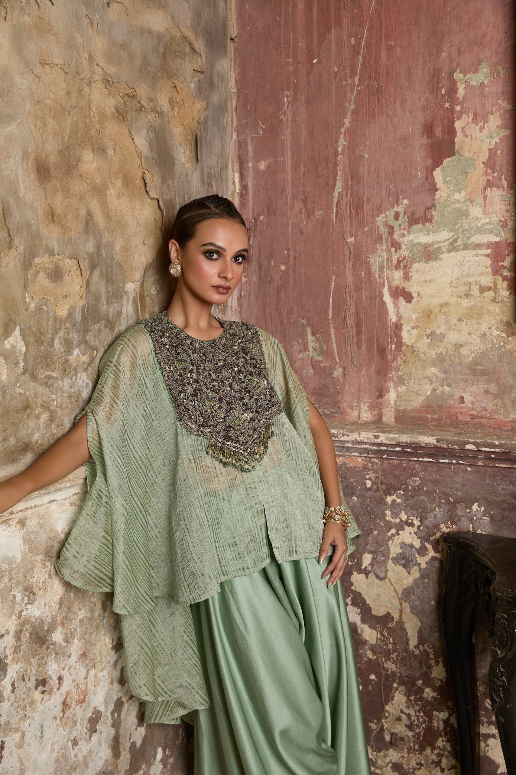 AS Green Thread Tissue Umbrella Kaftaan