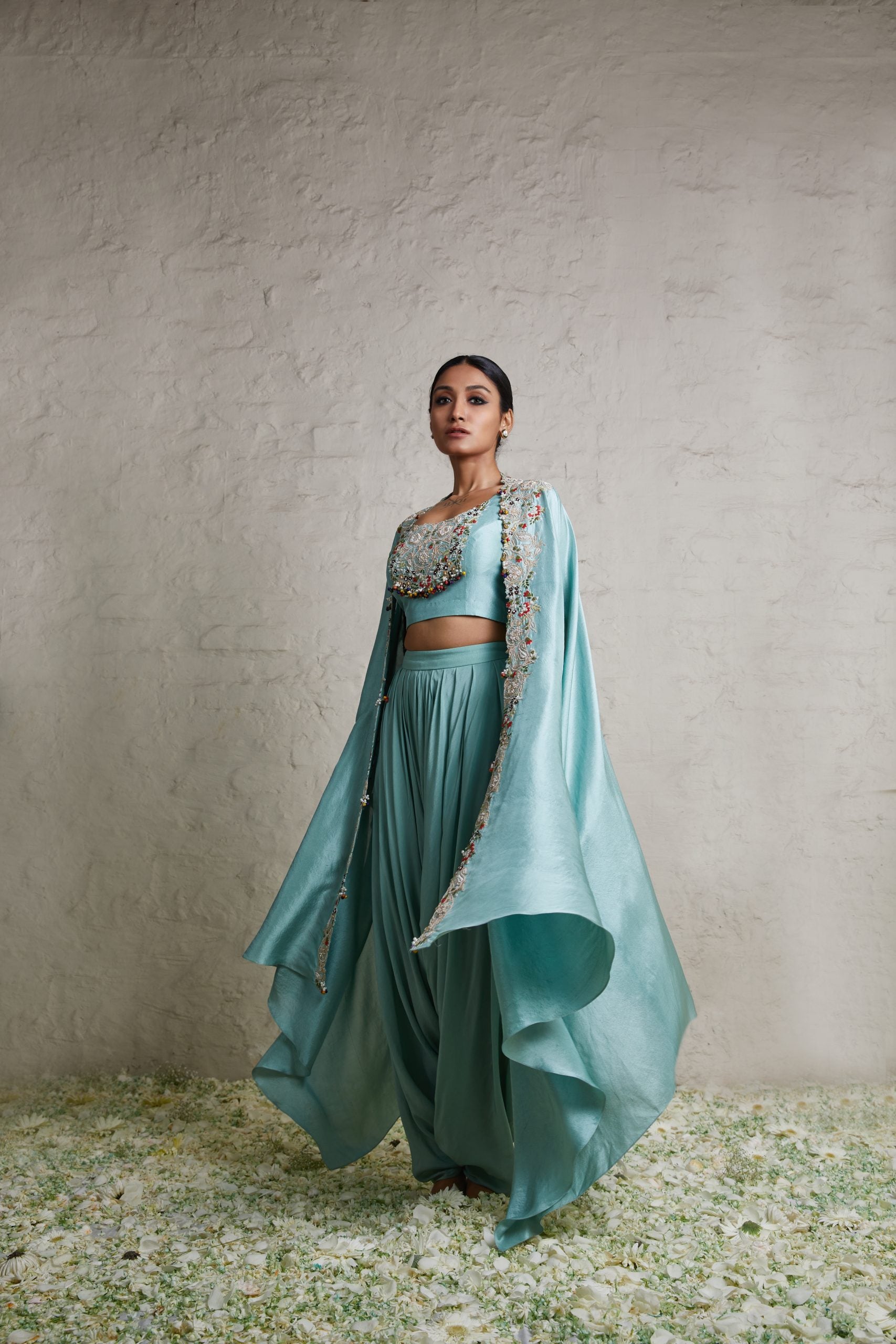 Silk blouse with silk jacket and crepe dhoti