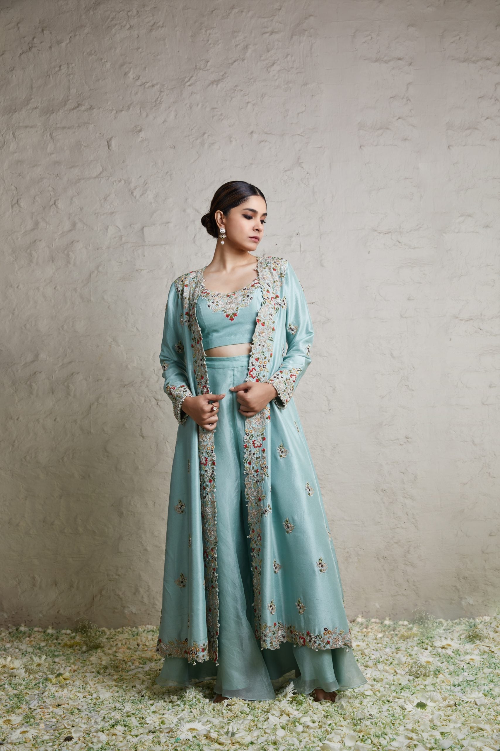 Silk blouse with silk jacket and organza sharara
