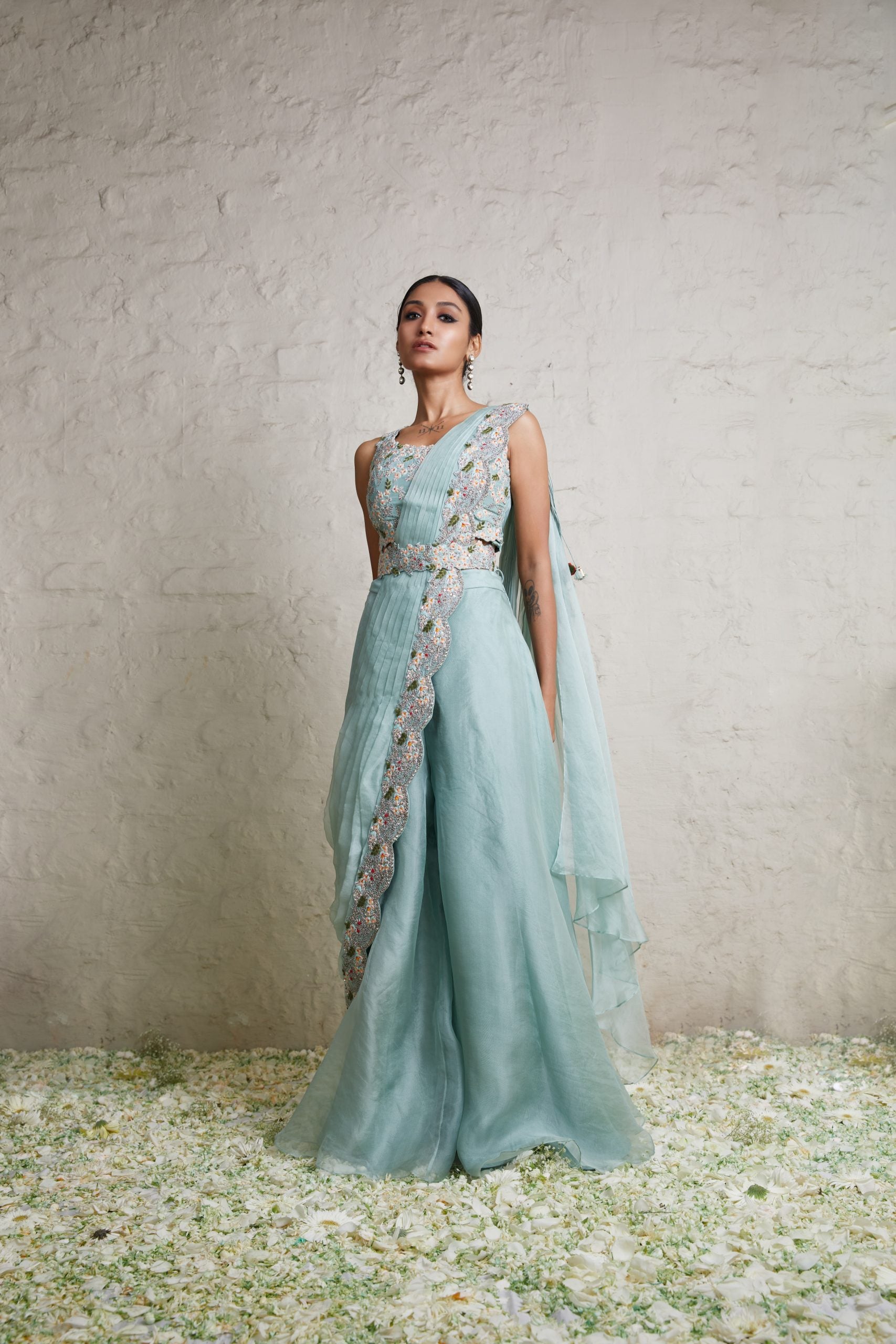 Silk blouse with organza drape and organza sharara