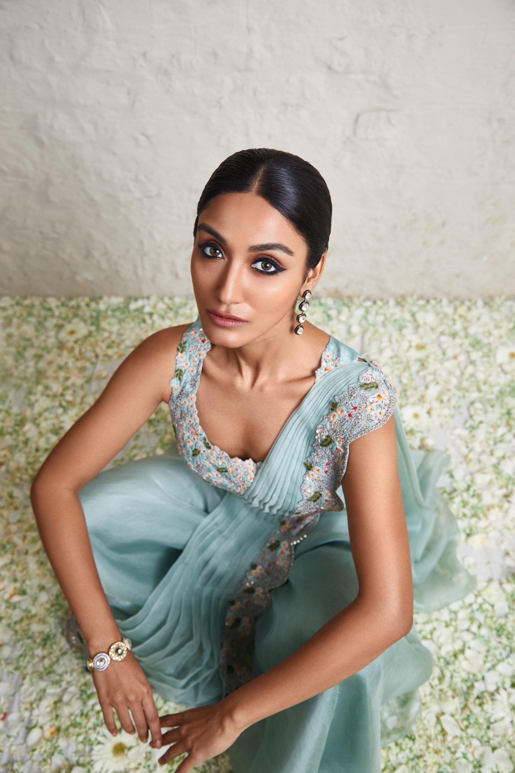 Silk blouse with organza drape and organza sharara