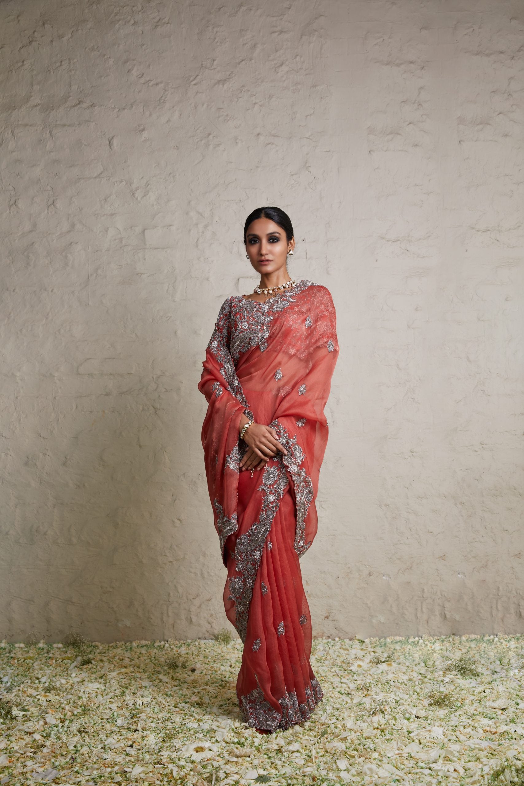 Silk blouse with organza saree