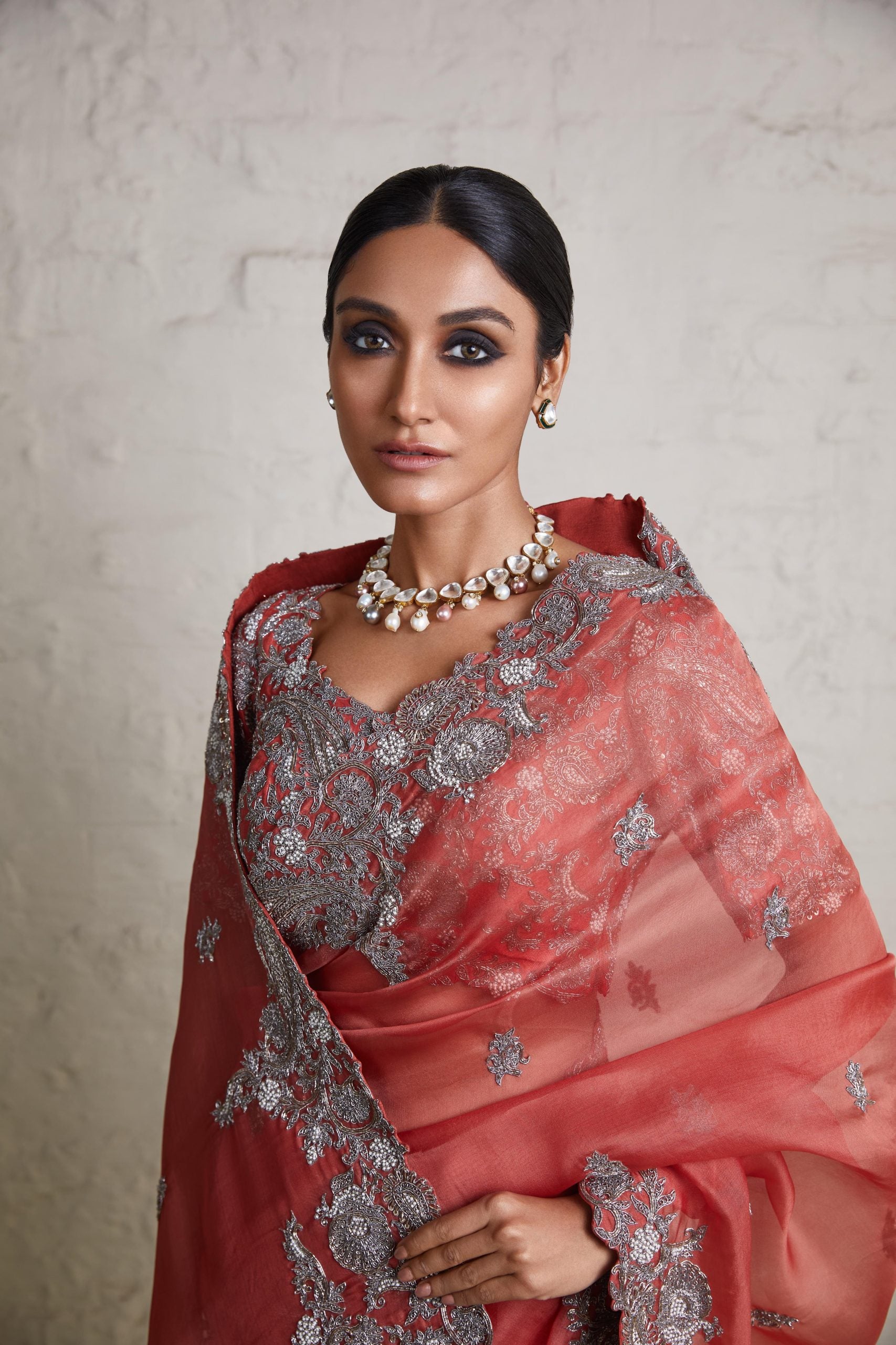 Silk blouse with organza saree