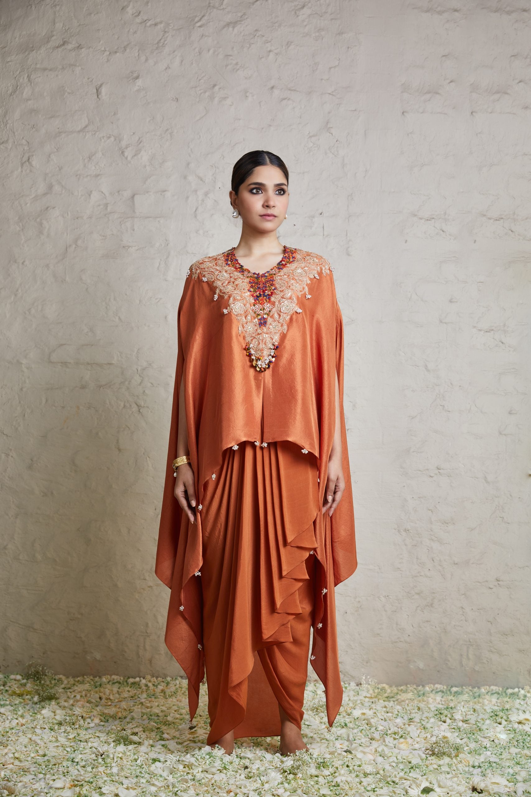 Silk kaftaan with crepe dhoti
