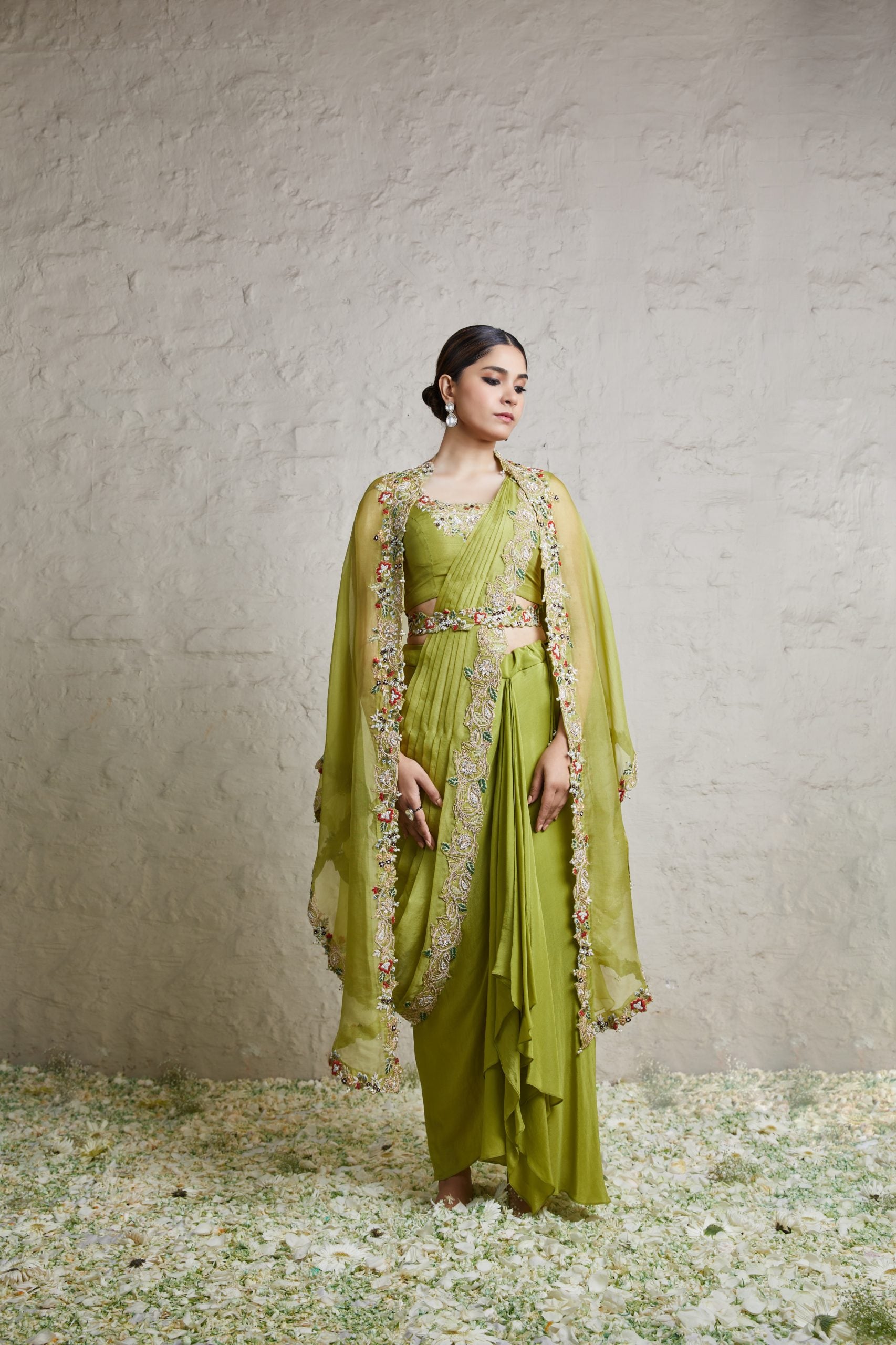 Silk blouse with organza drape and organza cape with crepe dhoti