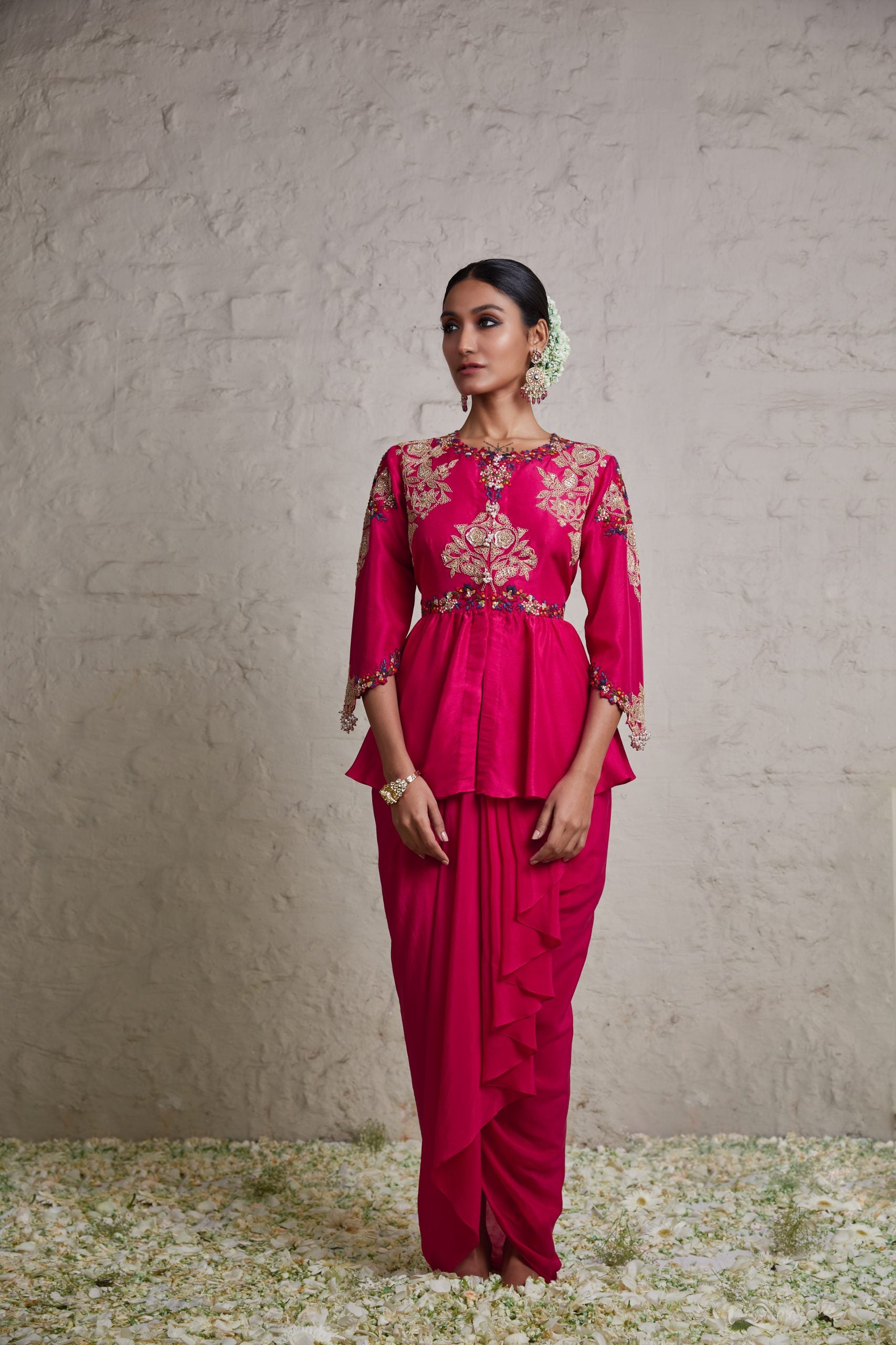 Silk peplum top with crepe dhoti