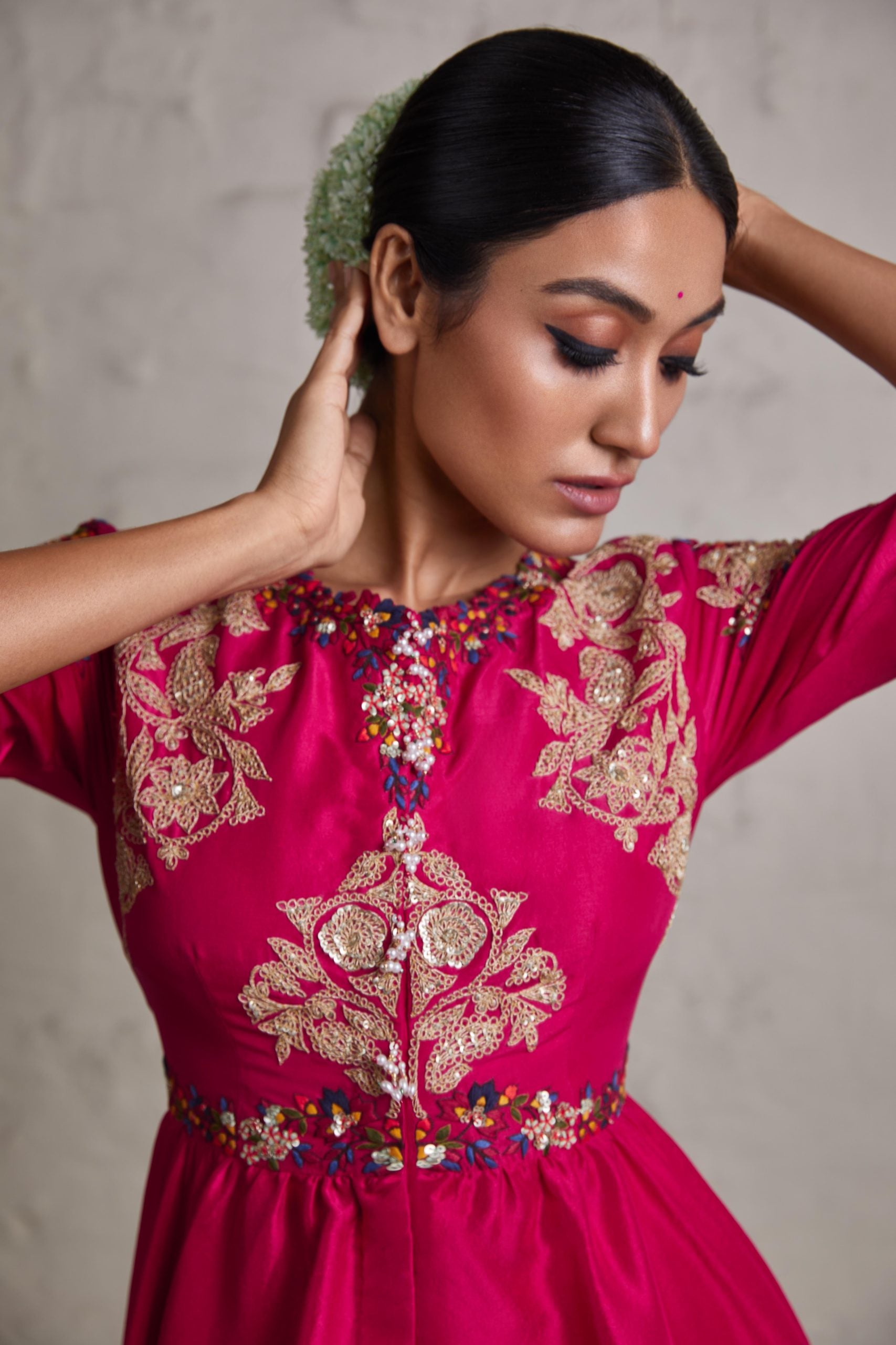 Silk peplum top with crepe dhoti