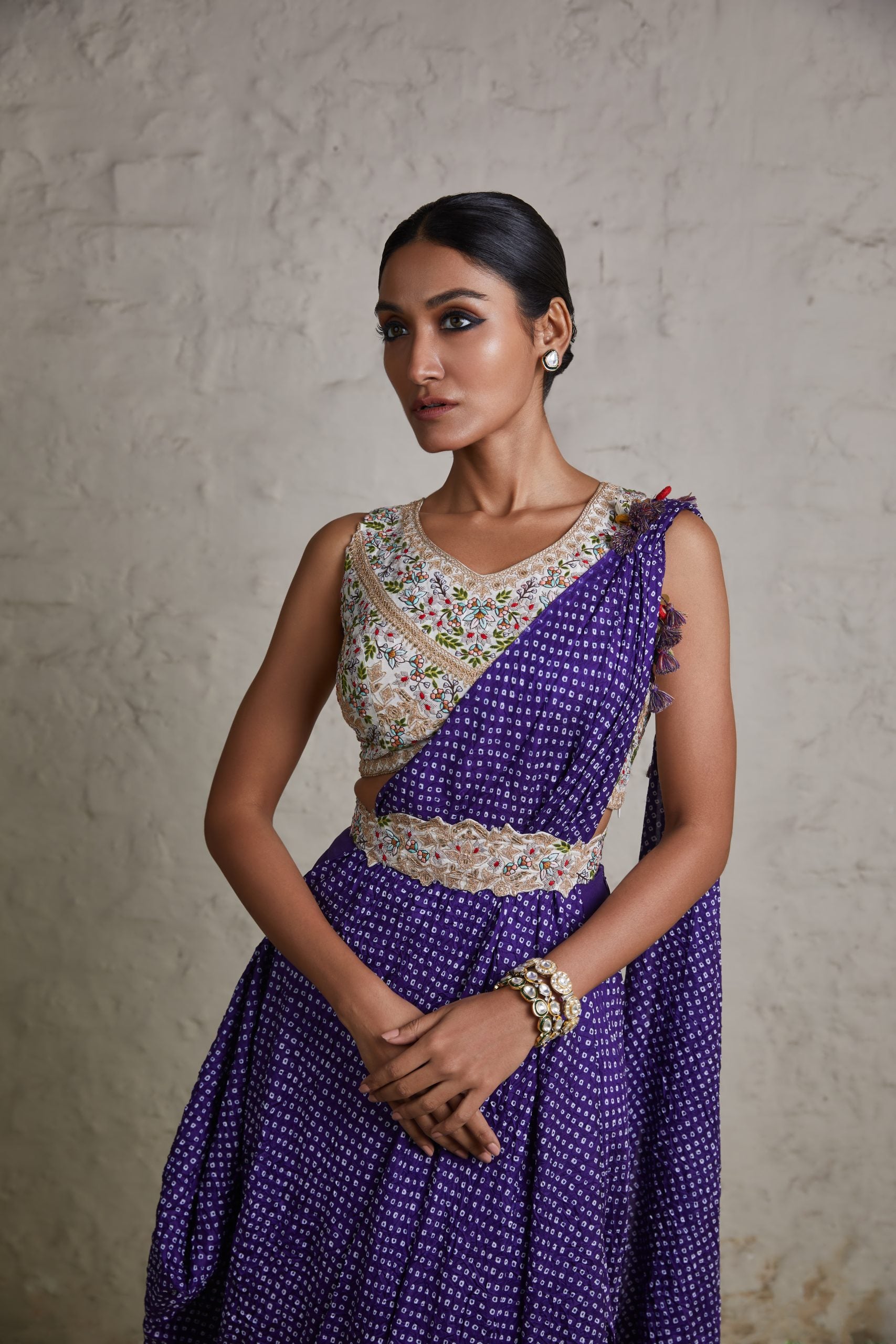 Silk blouse with bandhej skirt and drape