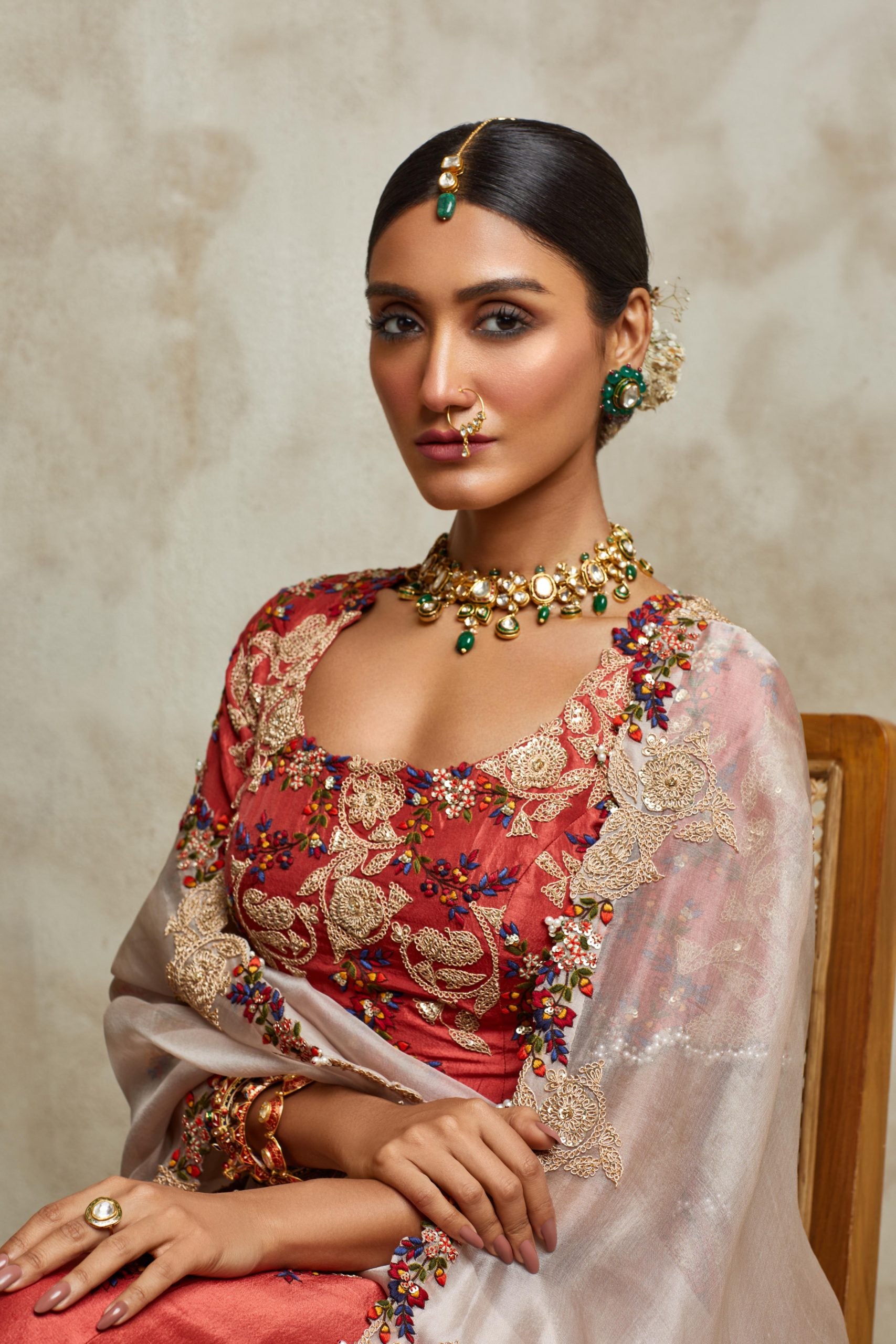 Silk blouse and lehenga with organza dupatta