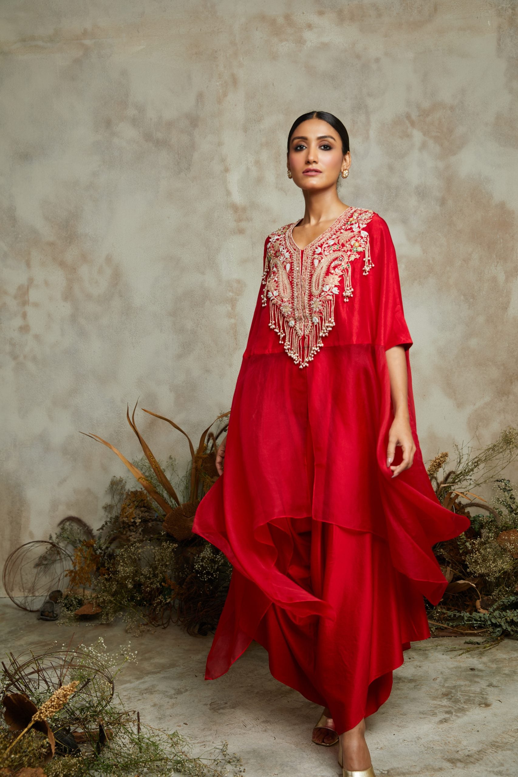 Organza and silk kaftaan with cotton satin pants