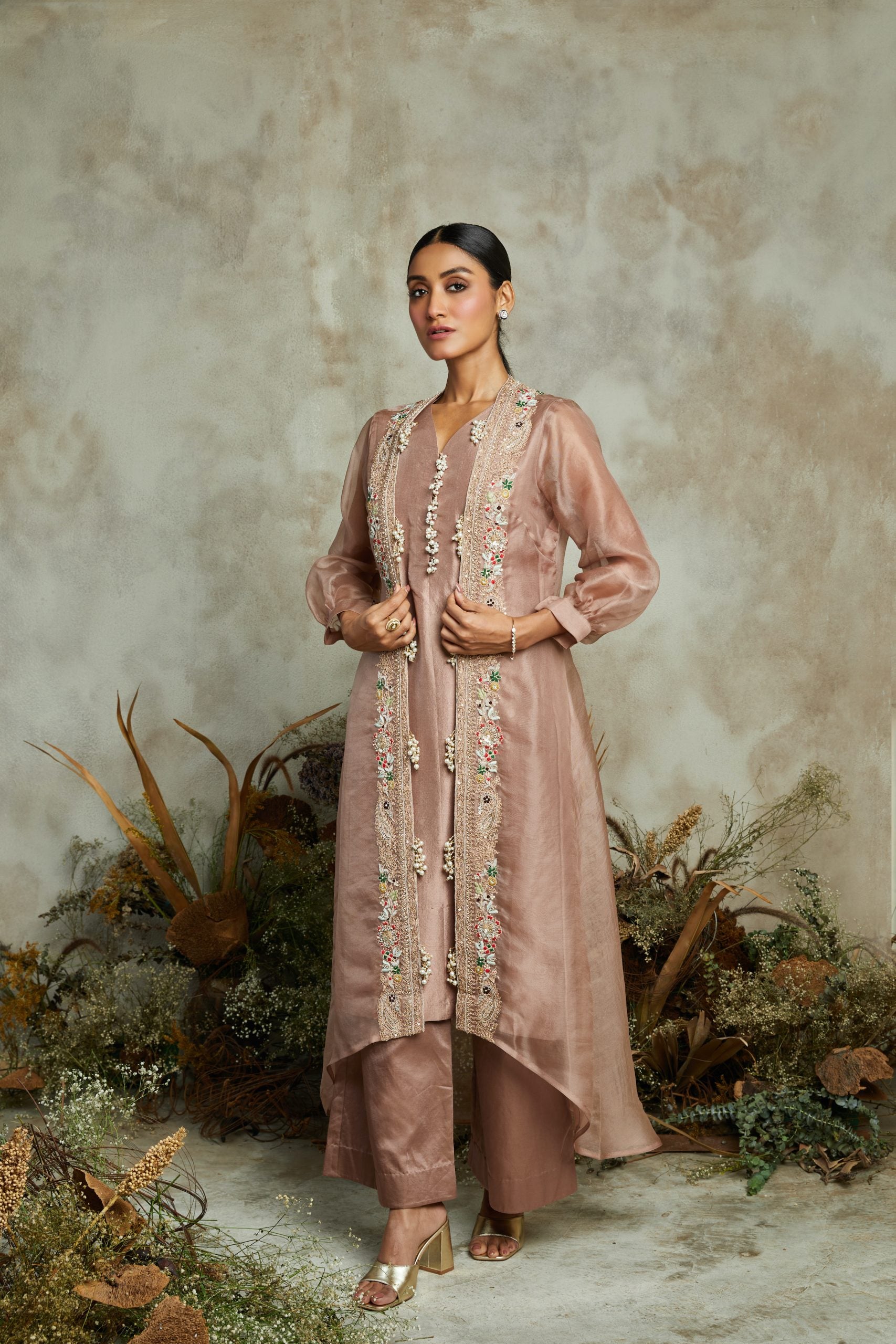 Silk kurta with organza jacket and cotton pants