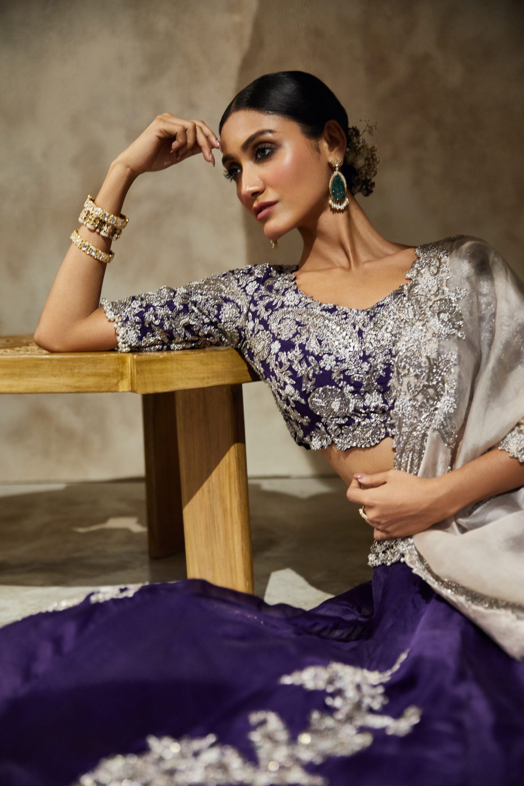 Silk blouse with organza lehenga and dupatta