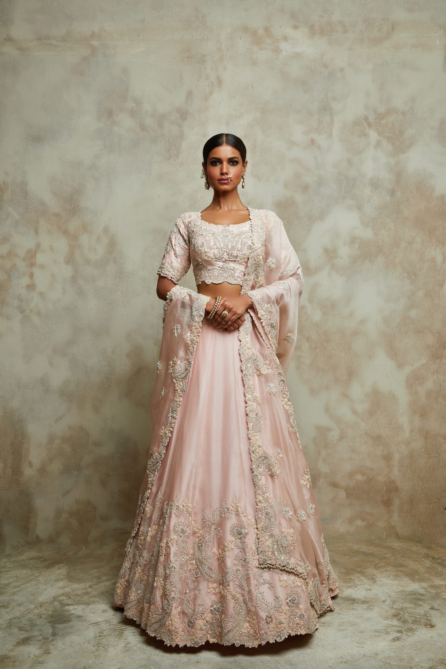 Silk blouse with organza lehenga and dupatta