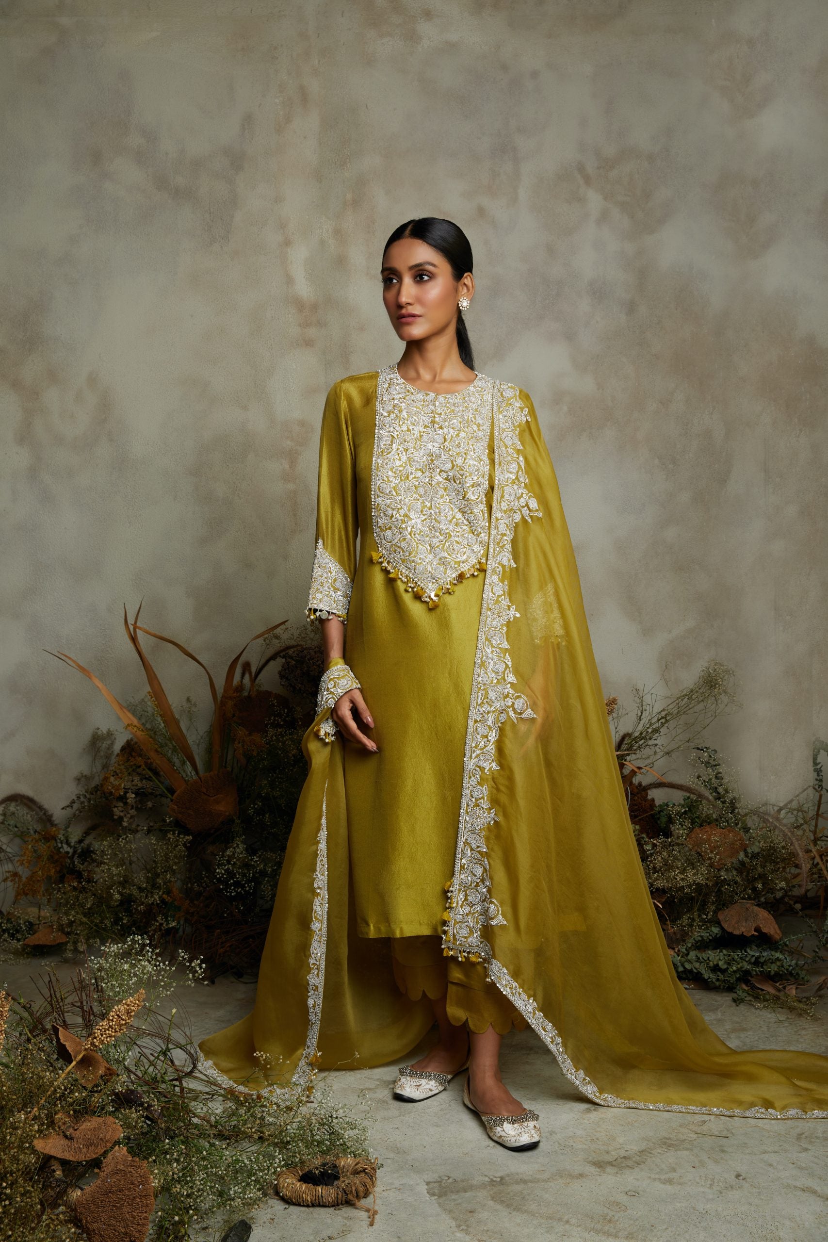 Silk kurta with organza dupatta and cotton satin pants