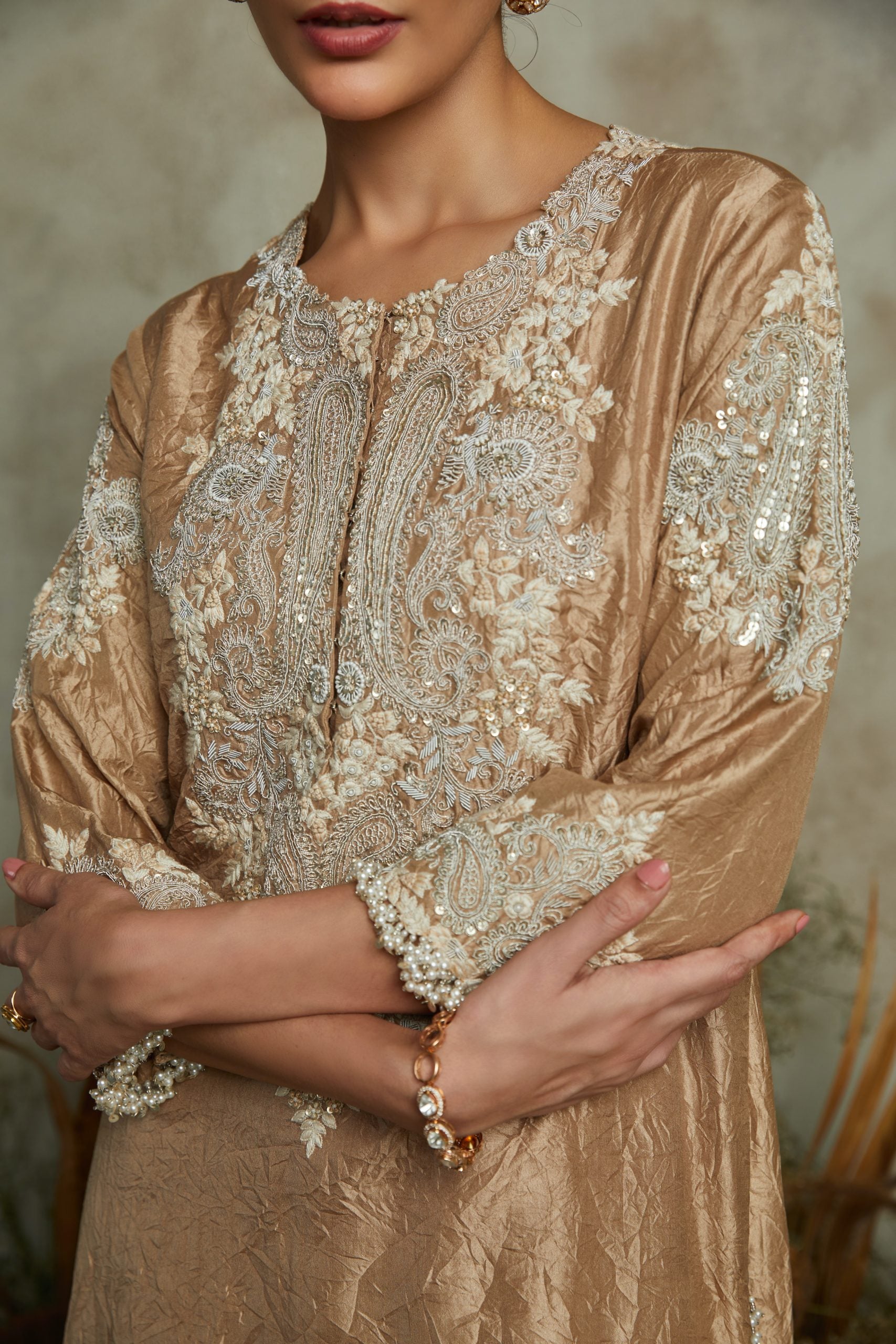 Silk crushed kurta with organza dupatta and cotton satin pants