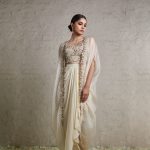 Silk blouse with crepe dhoti and organza cape