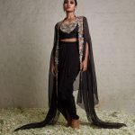 Silk blouse with organza cape and crepe skirt