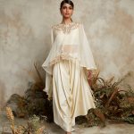 Organza umbrella cape with silk bustier and cotton satin pants