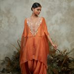 Silk and organza kaftaan with silk bustier and cotton satin pants